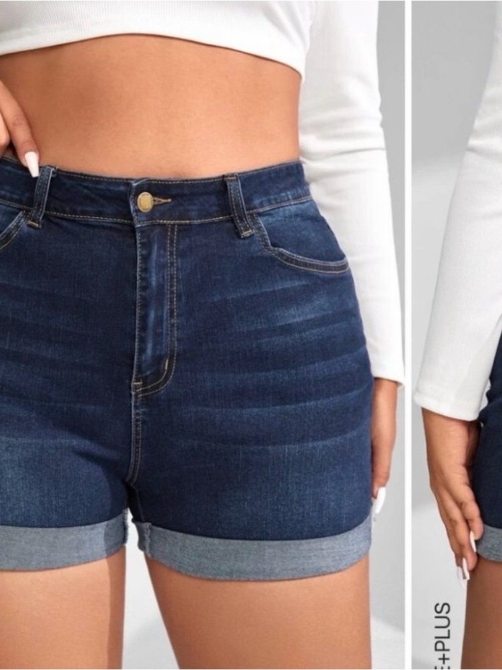 SHEIN Curve High Waisted Cuffed Denim Shorts Dark Wash 1XL